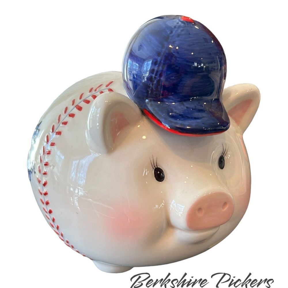 2001 Mud Pie Little‎ Slugger Glossy Hand Painted Ceramic Piggy Bank With Cap